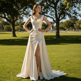 Capped Sleeve Overskirt Satin Wedding Dress with Leg Slit - Rosymae