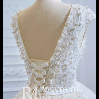 Capped Sleeve Puffy Ball Gown Wedding Dress with Low Back - Rosymae