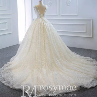 Capped Sleeve Puffy Ball Gown Wedding Dress with Low Back - Rosymae