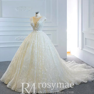 Capped Sleeve Puffy Ball Gown Wedding Dress with Low Back - Rosymae