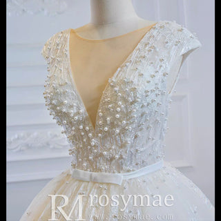 Capped Sleeve Puffy Ball Gown Wedding Dress with Low Back - Rosymae