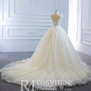 Capped Sleeve Puffy Ball Gown Wedding Dress with Low Back - Rosymae