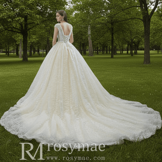 Capped Sleeve Puffy Ball Gown Wedding Dress with Low Back - Rosymae