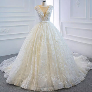 Capped Sleeve Puffy Ball Gown Wedding Dress with Low Back - Rosymae