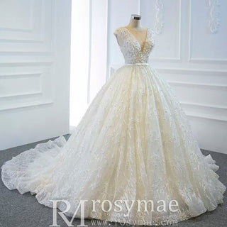 Capped Sleeve Puffy Ball Gown Wedding Dress with Low Back - Rosymae