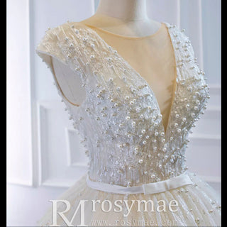 Capped Sleeve Puffy Ball Gown Wedding Dress with Low Back - Rosymae