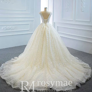 Capped Sleeve Puffy Ball Gown Wedding Dress with Low Back - Rosymae