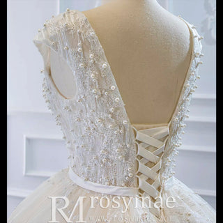 Capped Sleeve Puffy Ball Gown Wedding Dress with Low Back - Rosymae