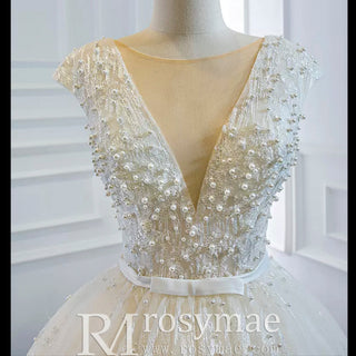 Capped Sleeve Puffy Ball Gown Wedding Dress with Low Back - Rosymae