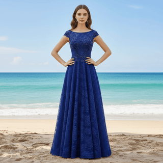 Capped Sleeve Royal Blue Lace Formal Gown Evening Party Dress - Rosymae