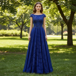 Capped Sleeve Royal Blue Lace Formal Gown Evening Party Dress