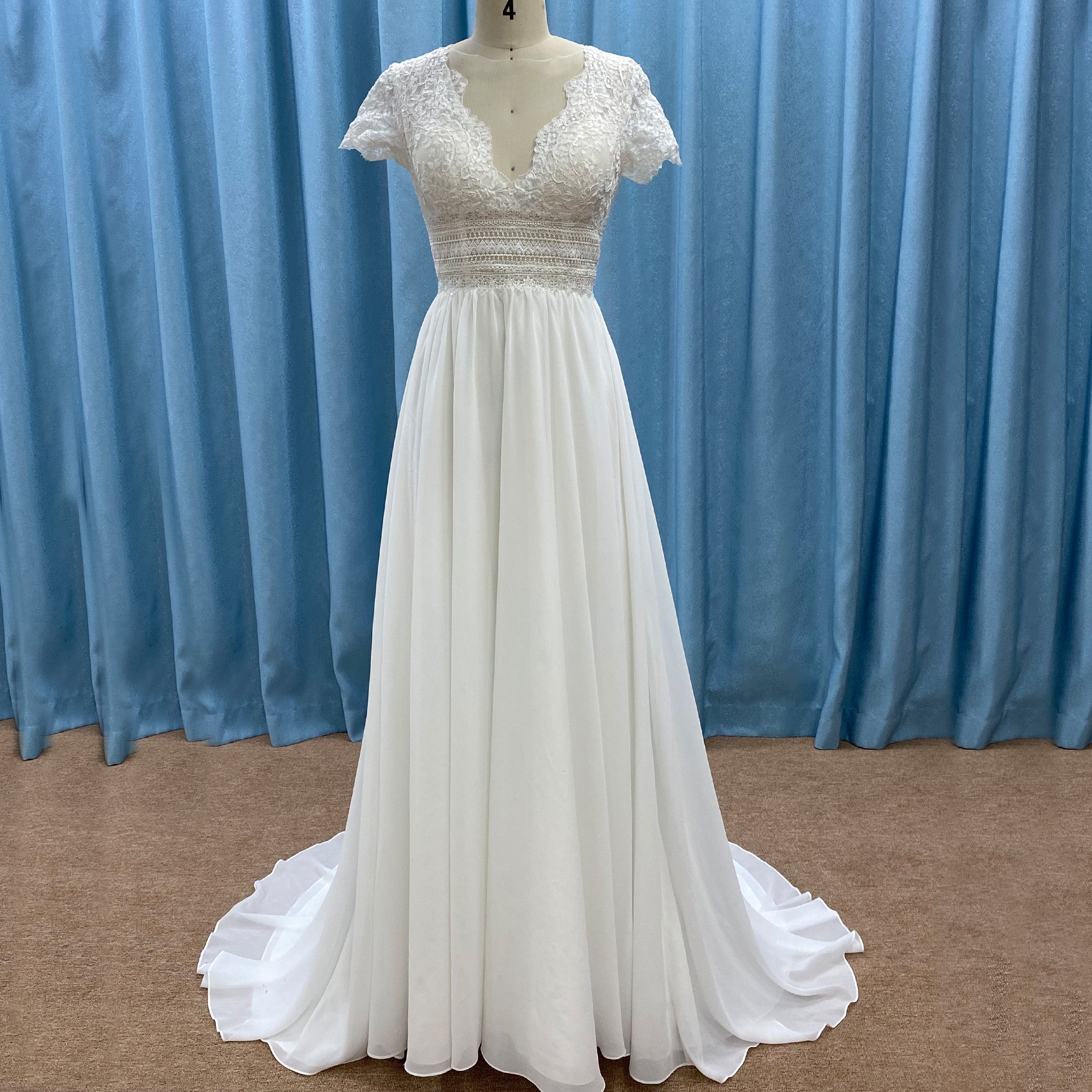 Capped Sleeve Sheath Chiffon Wedding Dress with Sheer Neck & Keyhole - Rosymae