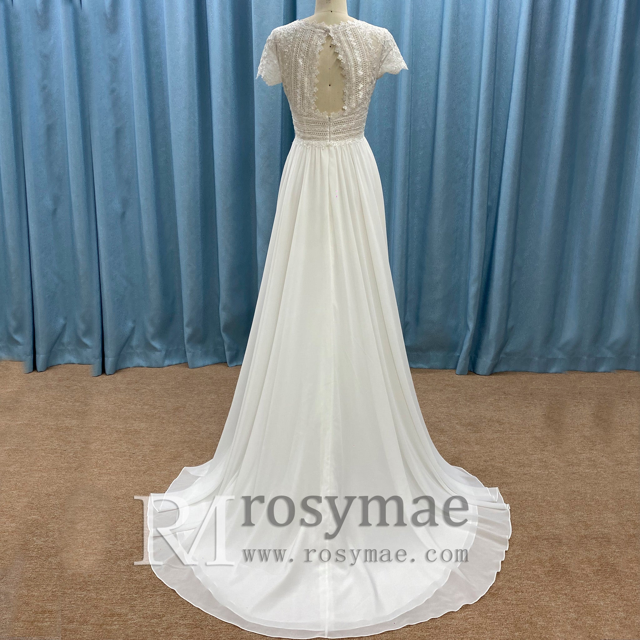 Capped Sleeve Sheath Chiffon Wedding Dress with Sheer Neck & Keyhole - Rosymae