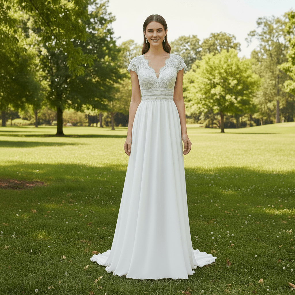 Capped Sleeve Sheath Chiffon Wedding Dress with Sheer Neck & Keyhole - Rosymae