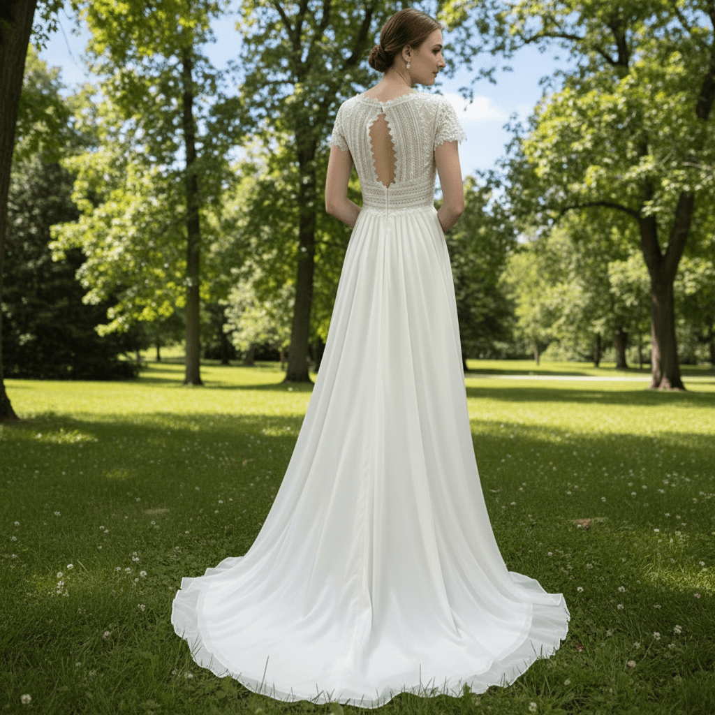 Capped Sleeve Sheath Chiffon Wedding Dress with Sheer Neck & Keyhole - Rosymae