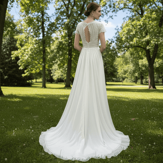Capped Sleeve Sheath Chiffon Wedding Dress with Sheer Neck & Keyhole - Rosymae