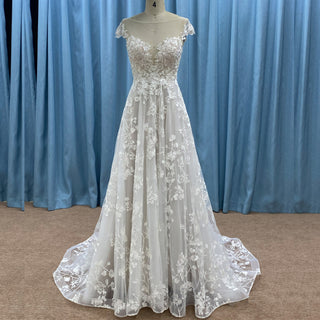 Cap Sleeve Sheer Neck A-line Lace Wedding Dress with Deep Vneck