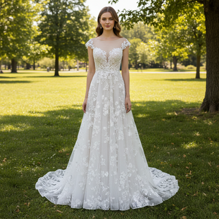 Cap Sleeve Sheer Neck A-line Lace Wedding Dress with Deep Vneck