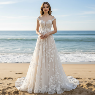 Cap Sleeve Sheer Neck A-line Lace Wedding Dress with Deep Vneck