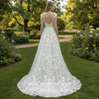 Cap Sleeve Sheer Neck A-line Lace Wedding Dress with Deep Vneck