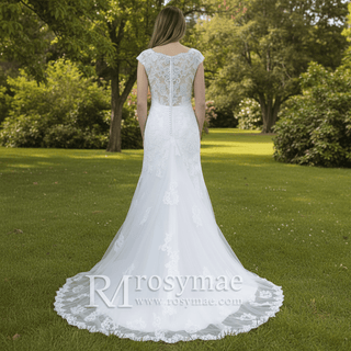 Capped Sleeve Trumpet Lace Applique Bridal Wedding Dress - Rosymae