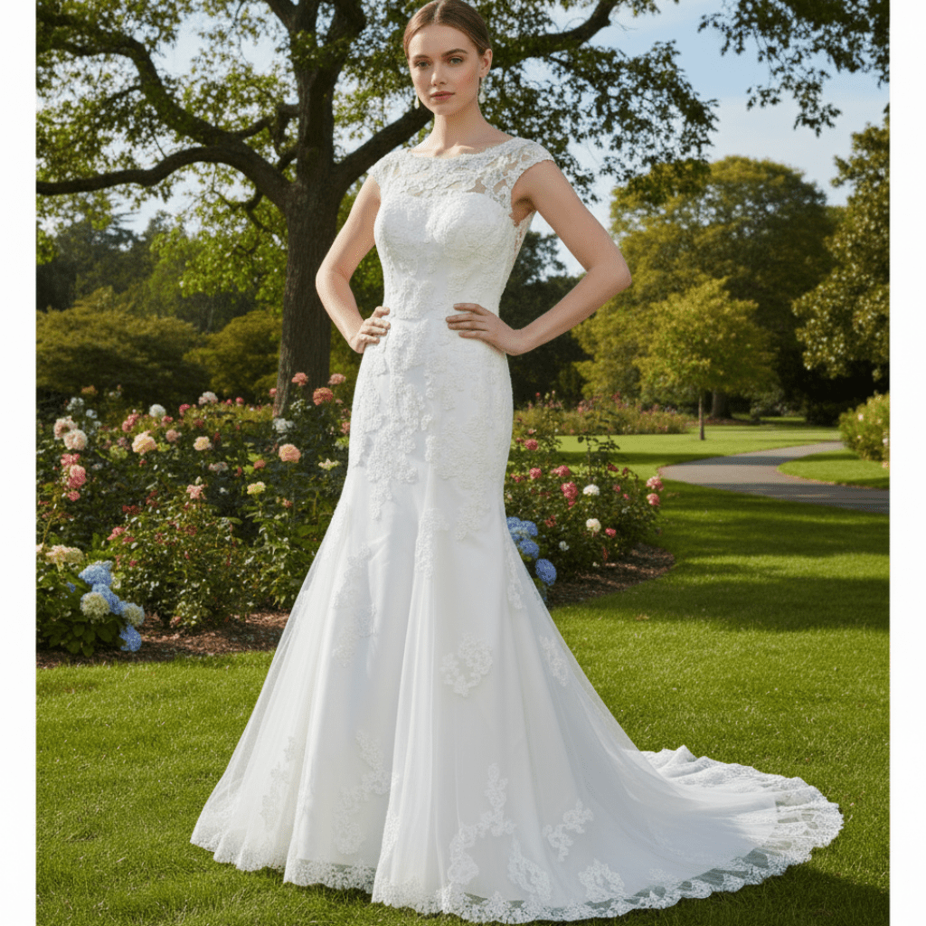 Capped Sleeve Trumpet Lace Applique Bridal Wedding Dress - Rosymae