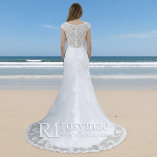 Capped Sleeve Trumpet Lace Applique Bridal Wedding Dress - Rosymae