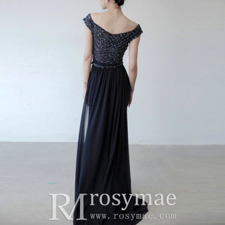 Capped Sleeve Navy Blue Prom Dress Party Gown with Vneck