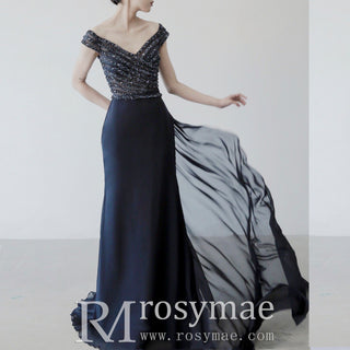 Capped Sleeve Navy Blue Prom Dress Party Gown with Vneck