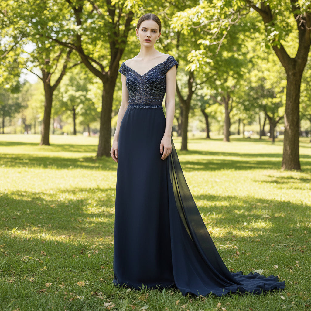 Capped Sleeve Navy Blue Prom Dress Party Gown with Vneck Navy Blue / 18W Capped Sleeve Navy Blue Prom Dress Party Gown with Vneck Navy Blue / 18W