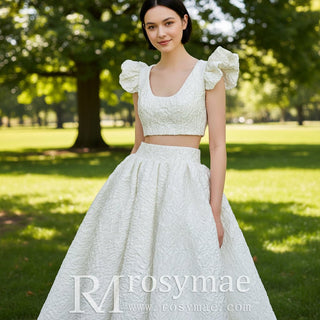 Capped Sleeves Two-Piece Wedding Dresses with Square-neck - Rosymae