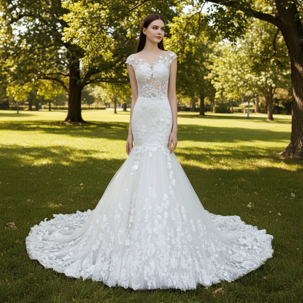 Trumpet Cap Sleeve Lace Wedding Dress with Sheer Bodice Trumpet Cap Sleeve Lace Wedding Dress with Sheer Bodice