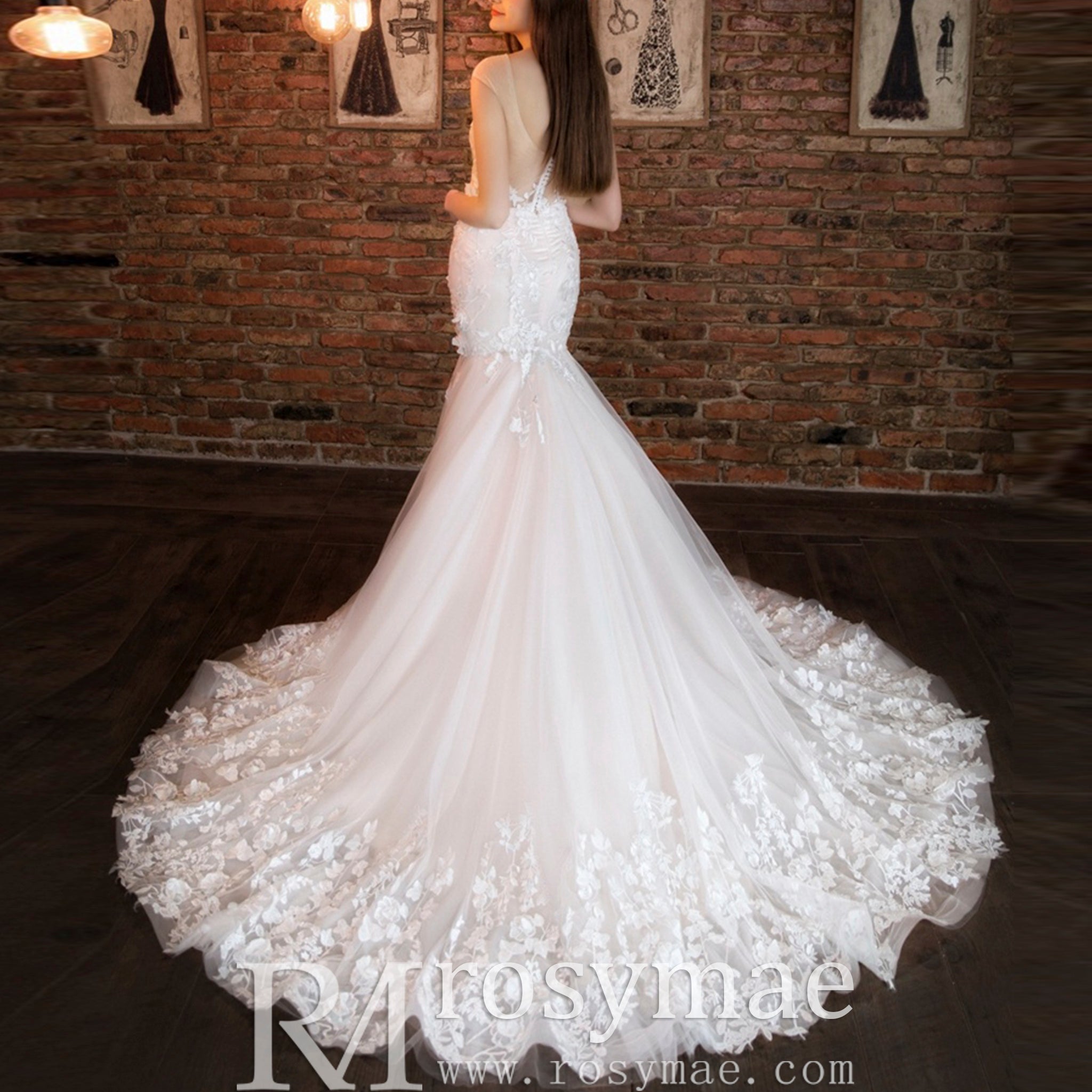 Trumpet Cap Sleeve Lace Wedding Dress with Sheer Bodice Ivory / 18W Trumpet Cap Sleeve Lace Wedding Dress with Sheer Bodice Ivory / 18W