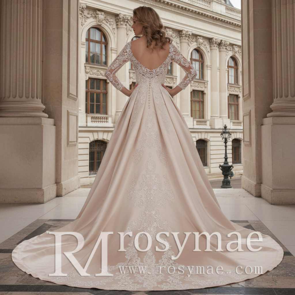 Gorgeous Long Sleeve Lace Satin A-Line Wedding Dress Champagne Rosymae Gorgeous Long Sleeve Lace Satin A-Line Wedding Dress Champagne Rosymae