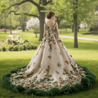 Champagne 3D Flower Colored Wedding Gown Ruffled Quinceanera Dress - Rosymae