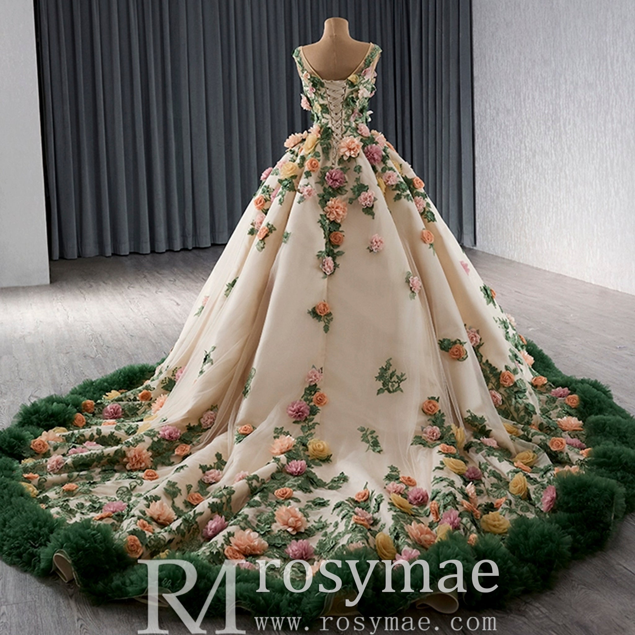 Champagne 3D Flower Colored Wedding Gown Ruffled Quinceanera Dress – Rosymae
