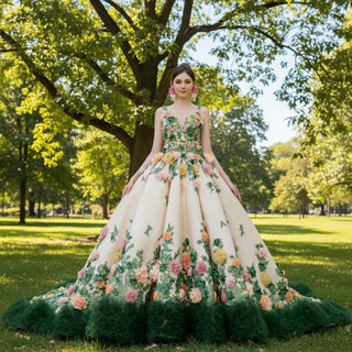 Champagne 3D Flower Colored Wedding Gown Ruffled Quinceanera Dress - Rosymae