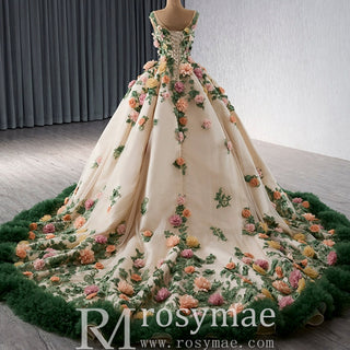 Champagne 3D Flower Colored Wedding Gown Ruffled Quinceanera Dress - Rosymae