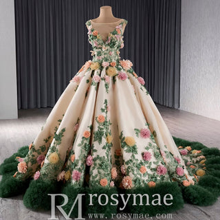 Champagne 3D Flower Colored Wedding Gown Ruffled Quinceanera Dress - Rosymae
