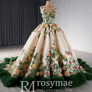 Champagne 3D Flower Colored Wedding Gown Ruffled Quinceanera Dress - Rosymae