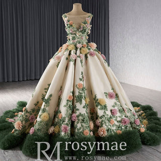 Champagne 3D Flower Colored Wedding Gown Ruffled Quinceanera Dress - Rosymae