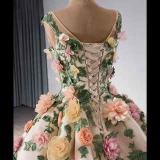 Champagne 3D Flower Colored Wedding Gown Ruffled Quinceanera Dress - Rosymae
