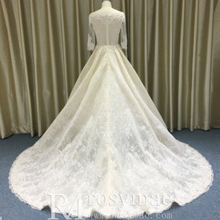 Champagne A-line Three-Quarter Sleeve Floral Lace Wedding Dress - Rosymae