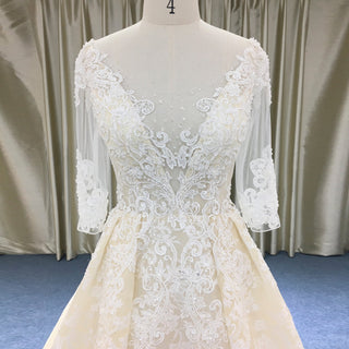 Champagne A-line Three-Quarter Sleeve Floral Lace Wedding Dress - Rosymae