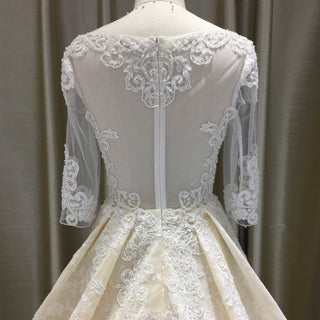 Champagne A-line Three-Quarter Sleeve Floral Lace Wedding Dress - Rosymae