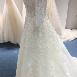 Champagne A-line Three-Quarter Sleeve Floral Lace Wedding Dress - Rosymae