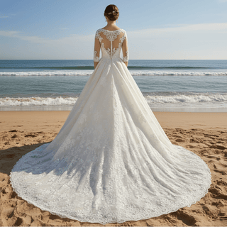 Champagne A-line Three-Quarter Sleeve Floral Lace Wedding Dress - Rosymae