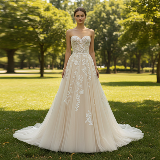 Strapless A-line Champagne Tulle Lace Wedding Dress with Sweetheart
