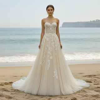 Strapless A-line Champagne Tulle Lace Wedding Dress with Sweetheart