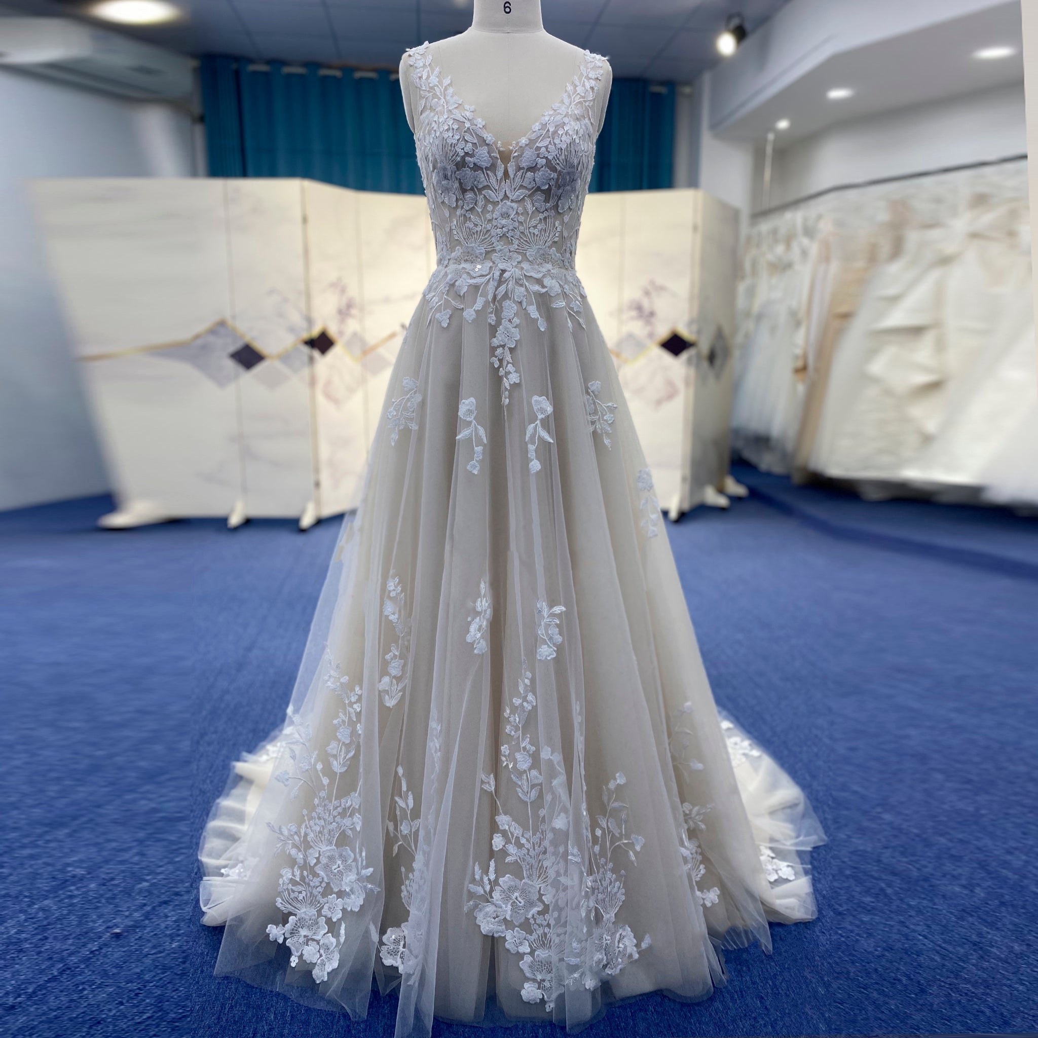 Princess Champagne Tulle Lace A-line Wedding Dress with Vneck Rosymae Princess Champagne Tulle Lace A-line Wedding Dress with Vneck Rosymae